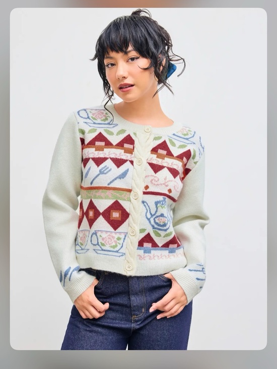 Cider Sweaters - Cider CABLE KNIT ROUND NECKLINE GEOMETRIC CARDIGAN S WC19-4